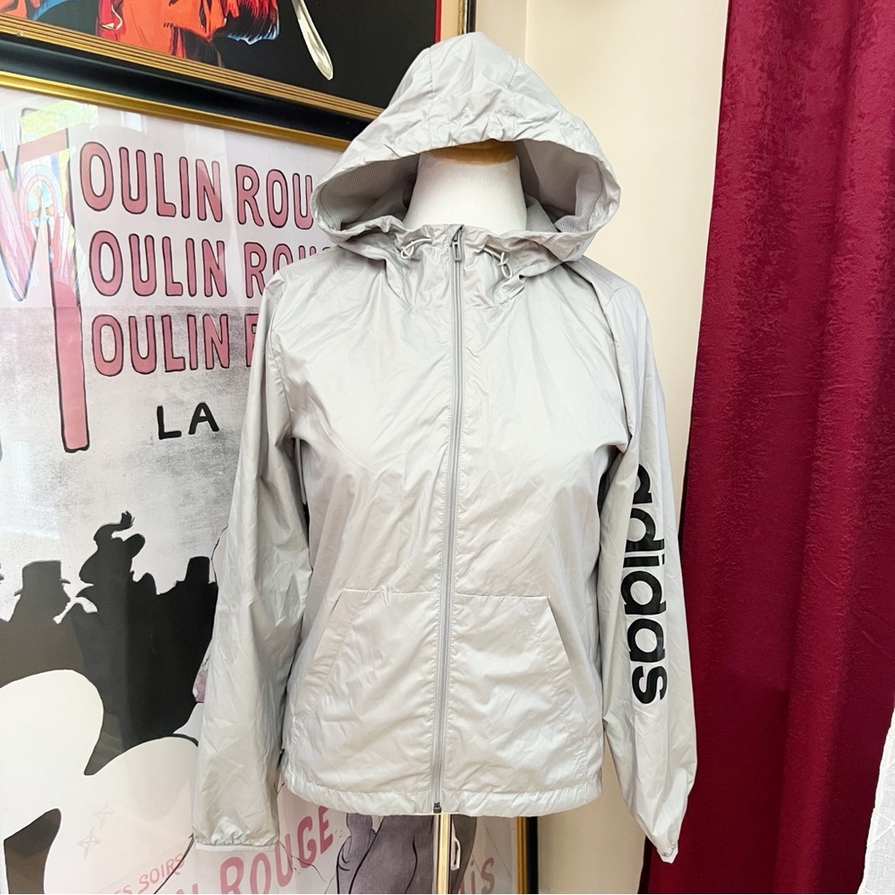 Adidas: Women's Zip Up Gray Black Drawstring Hooded Windbreakers Size M